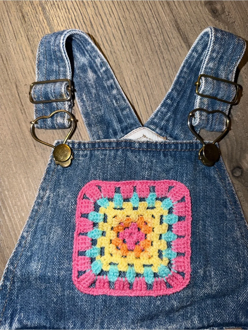 Denim Short Overalls with Multicolor Crochet Accents - Blue